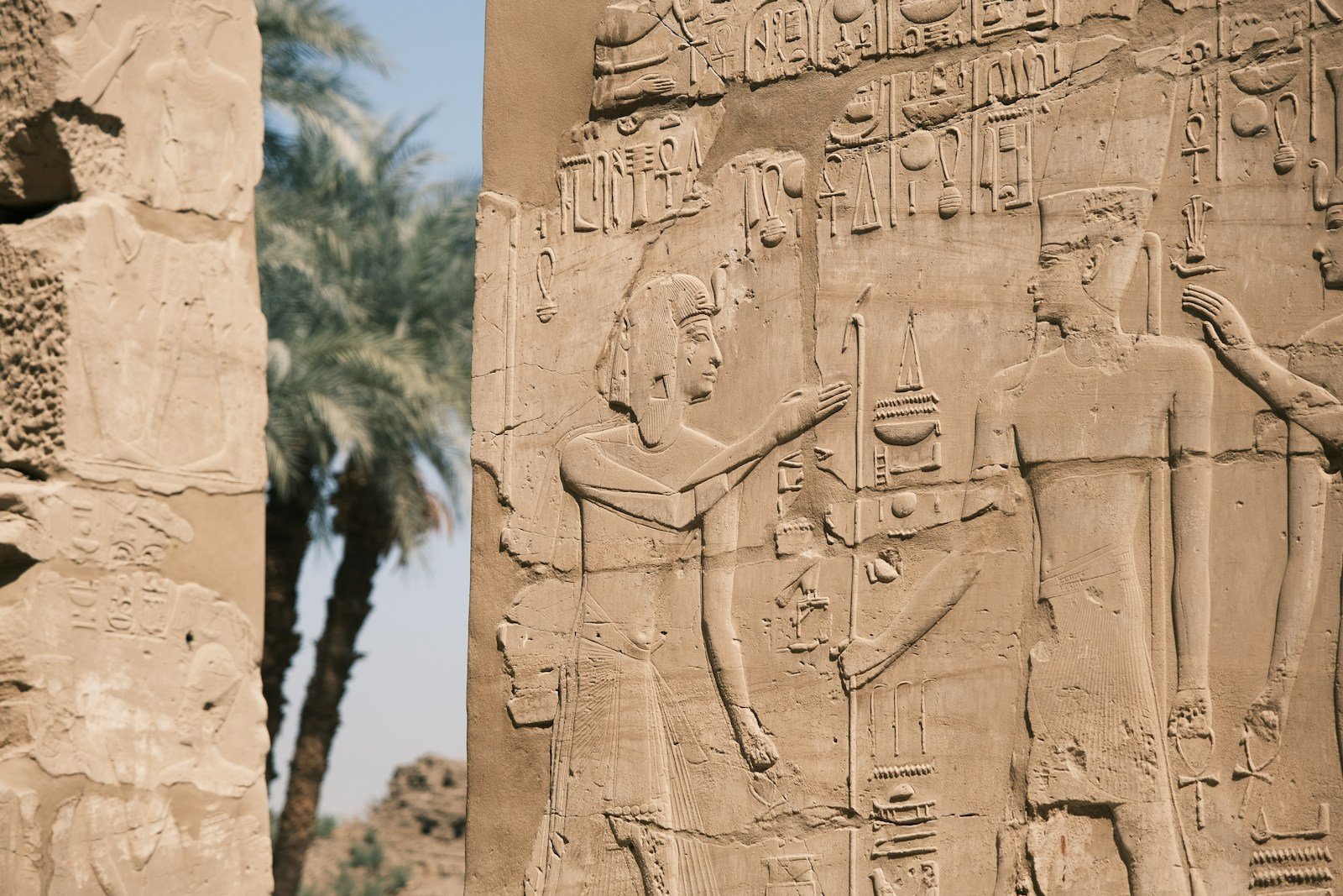 Carved reliefs on an ancient Egyptian temple wall
