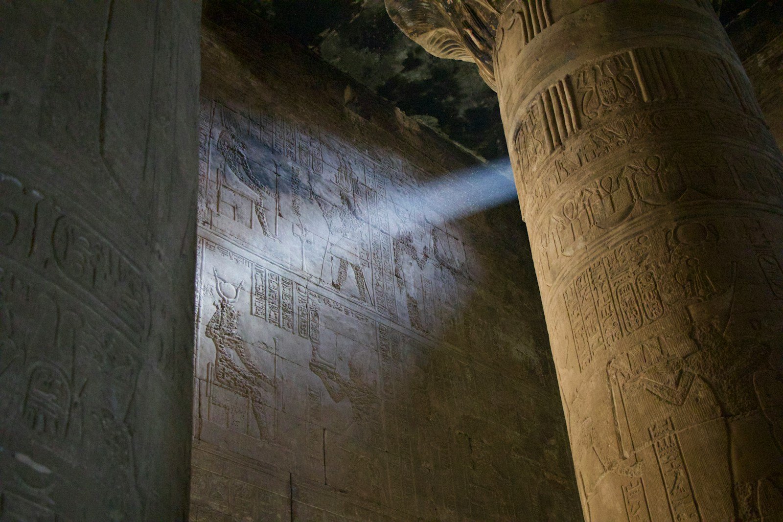 Light and shadow inside an ancient Egyptian temple hall