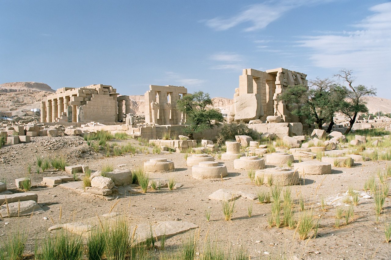 Wide view of the Ramesseum mortuary temple on Luxor's west bank